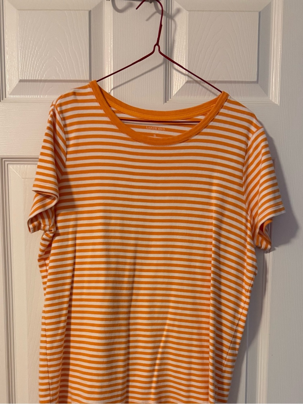 Lands' End Women's Orange and White Striped Short-Sleeve Tee